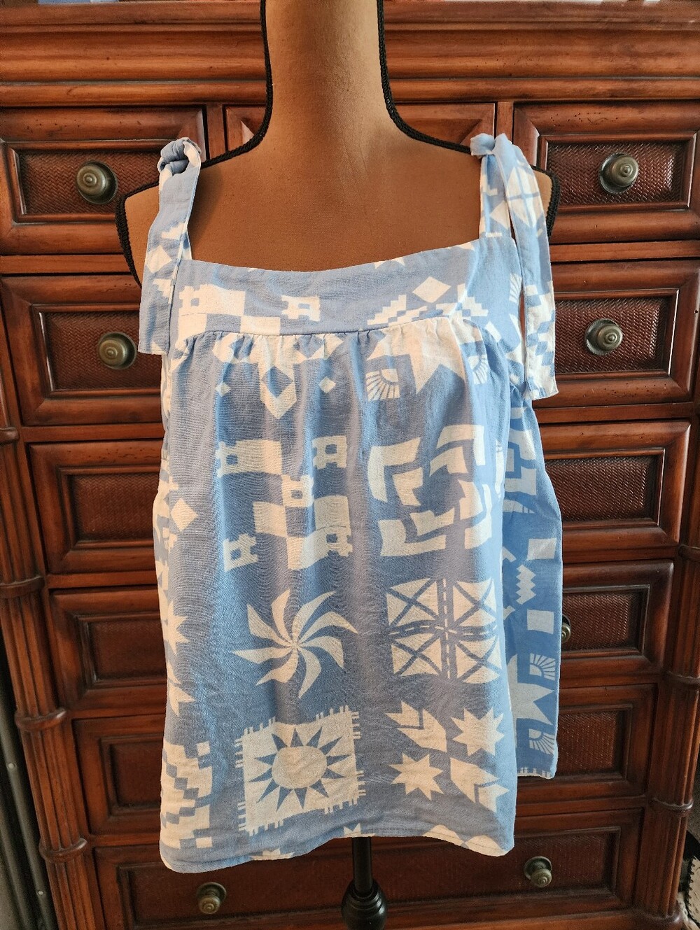 Light Blue and White Babydoll Linen Blend Tie-Strap Printed Women's Tank Top